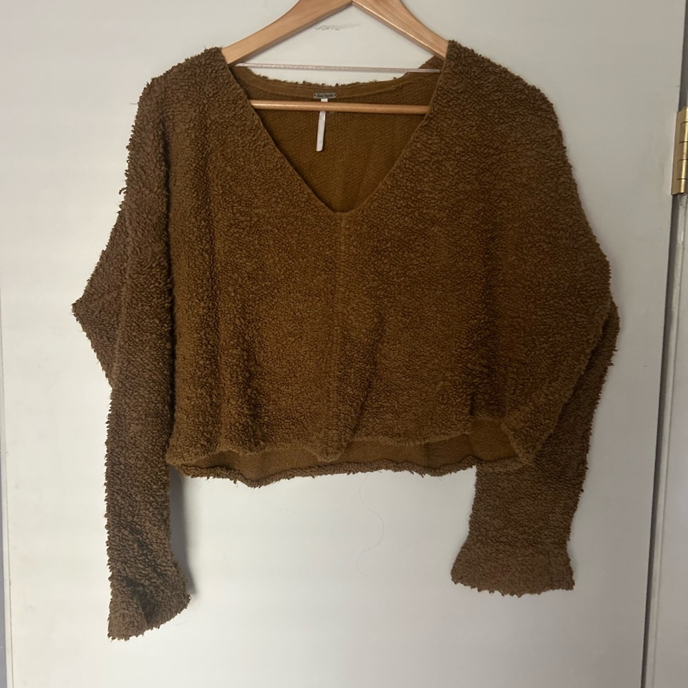 Free People Brown V-Neck Cropped Sweater
